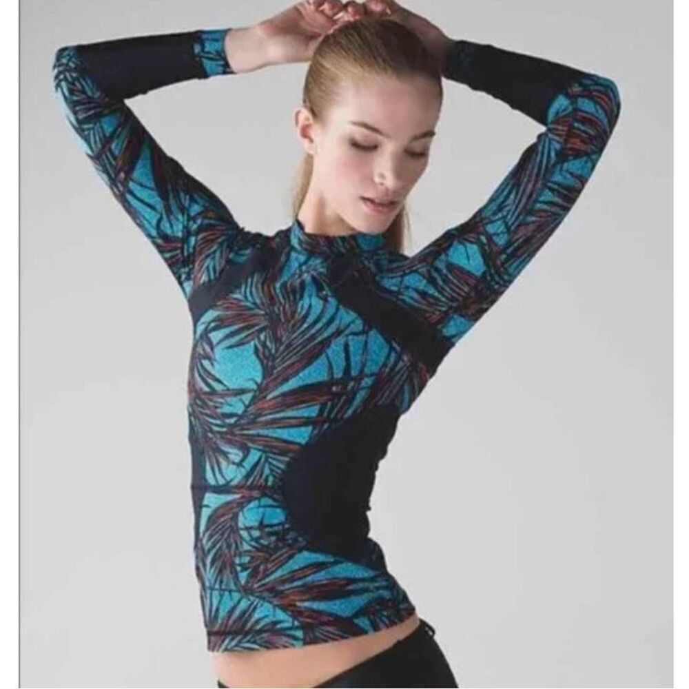 Lululemon Suns Out Rash Guard UPF 50+ Palm Lace Tofino Teal Stretch Top Shirt